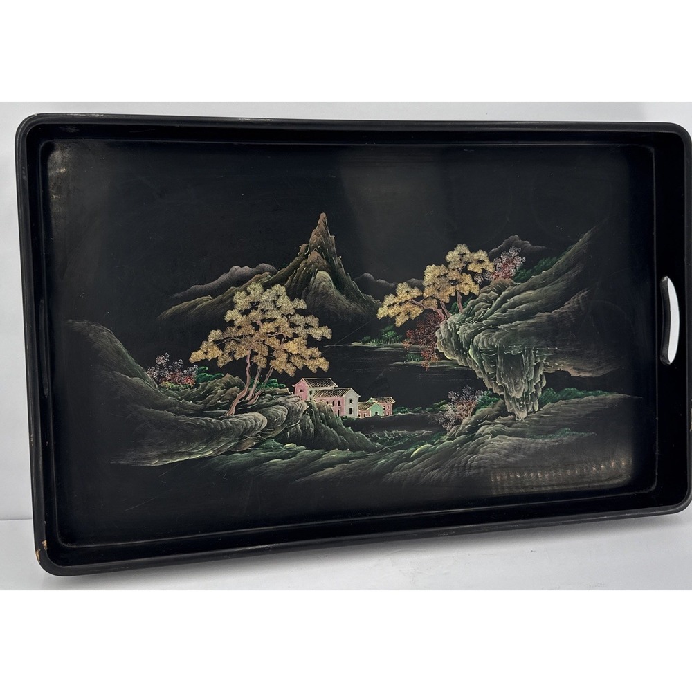 VTG Japanese Lacquerware Tray Hand Painted Gold Landscape Pine Trees 18"